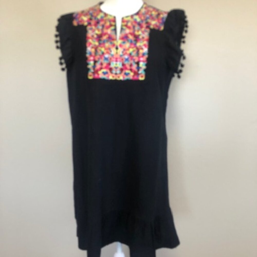 Black Shift with colorful embroidered botice and pom pom cap sleeves - Size L
